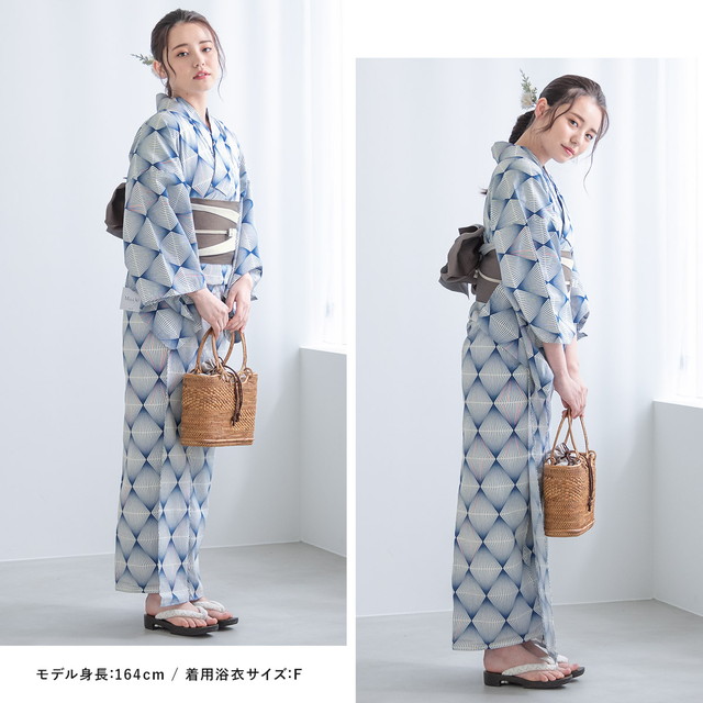 浴衣セット レディース 浴衣セット 半幅帯 大人 3点セット ボヌールセゾン 紺色 ネイビー 白 グレージュ 幾何学模様 菱 綿 夏 Sサイズ フリーサイズ 浴衣セット レディース 浴衣セット 半幅帯 大人 3点セット ボヌール