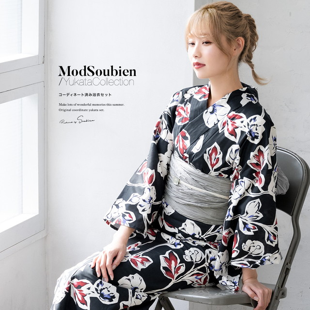 浴衣セット レディース 浴衣セット 兵児帯 大人 3点セット ブラック 黒系 赤 紫 グレー 帯 花 綿 夏 花火大会 モダン Sサイズ フリーサイズ