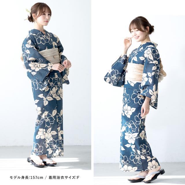 浴衣セット レディース 浴衣セット 兵児帯 大人 3点セット 紺 ネイビー グレージュ 帯 椿 花 綿麻 夏 花火大会 モダン フリーサイズ 送料無料 浴衣セット レディース 浴衣セット 兵児帯 大人 3点セット 紺 ネイビー