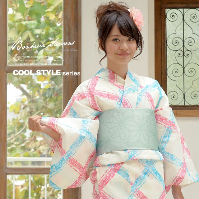 浴衣セット レディース レトロ 浴衣セット 大人 3点セット クリーム 黄色系 水色 ピンク 斜め格子 桜 ラメ 綿 半幅帯 女性 ボヌールセゾン