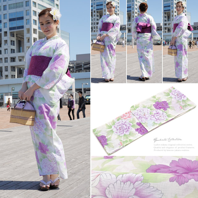 浴衣セット レディース レトロ 浴衣セット 大人 3点セット 白 ホワイト