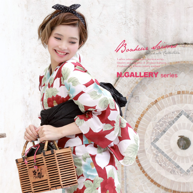浴衣セット レディース レトロ 浴衣セット 大人 3点セット 赤 レッド 黒 椿 つばき 綿麻 花火大会 夏祭り ゆかた 兵児帯 女性 ボヌールセゾンの通販は 24,990円