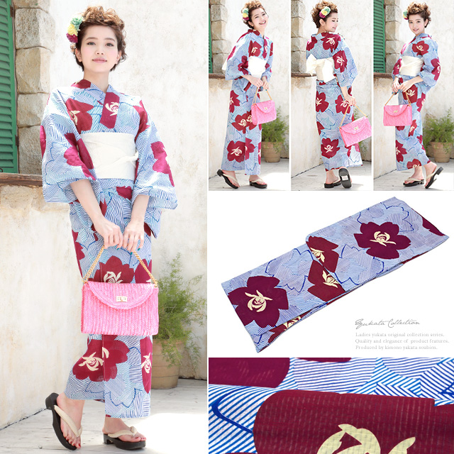浴衣セット レディース レトロ 浴衣セット 大人 3点セット 青 ブルー 赤 白 花 縞 ストライプ 綿 半幅帯 女性 ボヌールセゾン 浴衣セット レディース レトロ 浴衣セット 大人 3点セット 青 ブルー