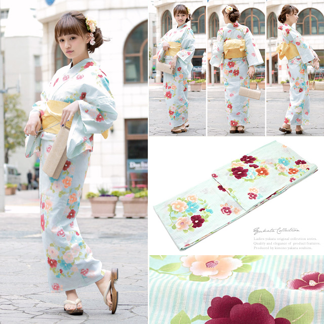 浴衣セット レディース レトロ 浴衣セット 大人 3点セット 水色 ブルー