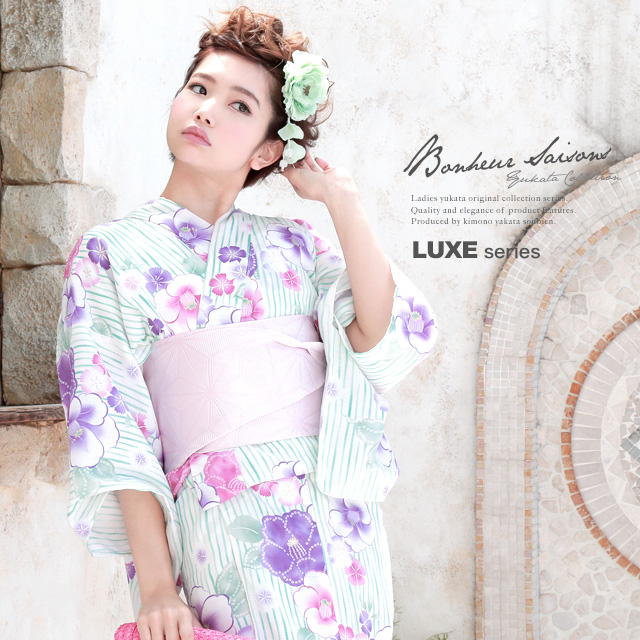 浴衣セット レディース レトロ 浴衣セット 大人 3点セット 水色 ブルー 白 ピンク 椿 なでしこ 花 縞 ストライプ ラメ 綿 半幅帯 女性 ボヌールセゾン