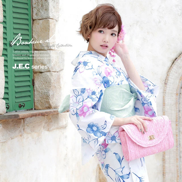 浴衣セット レディース レトロ 浴衣セット 大人 3点セット 白系 ホワイト 青 水色 椿 つばき 花 ラメ 綿 半幅帯 女性 ボヌールセゾン