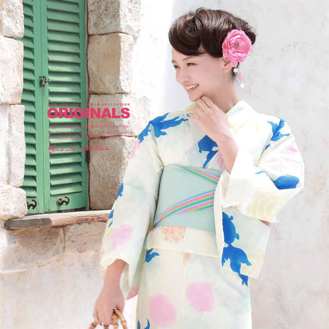 浴衣セット レディース レトロ 浴衣セット 大人 3点セット 白系 ホワイト 水色 金魚 水面 うずまき 水玉 ラメ 綿 半幅帯 女性 ボヌールセゾン