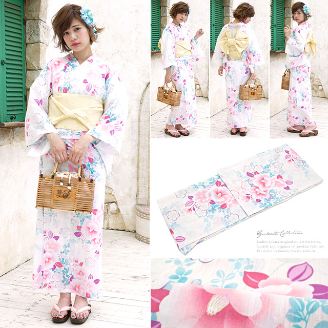 浴衣セット レディース レトロ 浴衣セット 大人 3点セット 白系