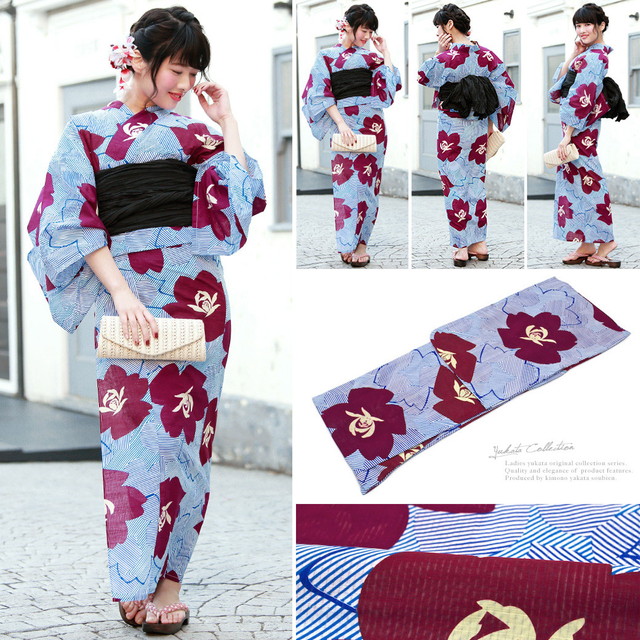 浴衣セット レディース レトロ 浴衣セット 大人 3点セット 青 ブルー