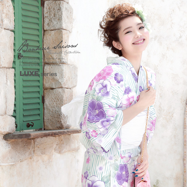 浴衣セット レディース レトロ 浴衣セット 大人 3点セット 水色 ブルー 白 椿 なでしこ 花 縞 ストライプ ラメ 綿 兵児帯 女性 ボヌールセゾン