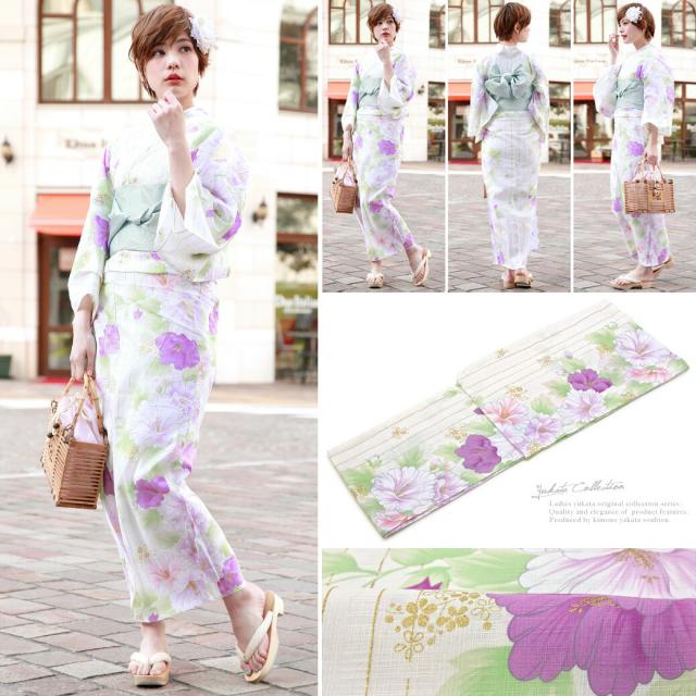浴衣セット レディース レトロ 浴衣セット 大人 3点セット 白 ホワイト 紫 水色 芙蓉 花 縞 ラメ 綿 半幅帯 女性 ボヌールセゾン フリー 浴衣セット レディース レトロ 浴衣セット 大人 3点セット 白 ホワイト