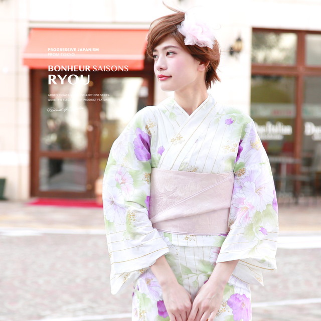 浴衣セット レディース レトロ 浴衣セット 大人 3点セット 白 ホワイト 紫 ピンク 芙蓉 花 縞 ラメ 綿 兵児帯 女性 ボヌールセゾン フリー