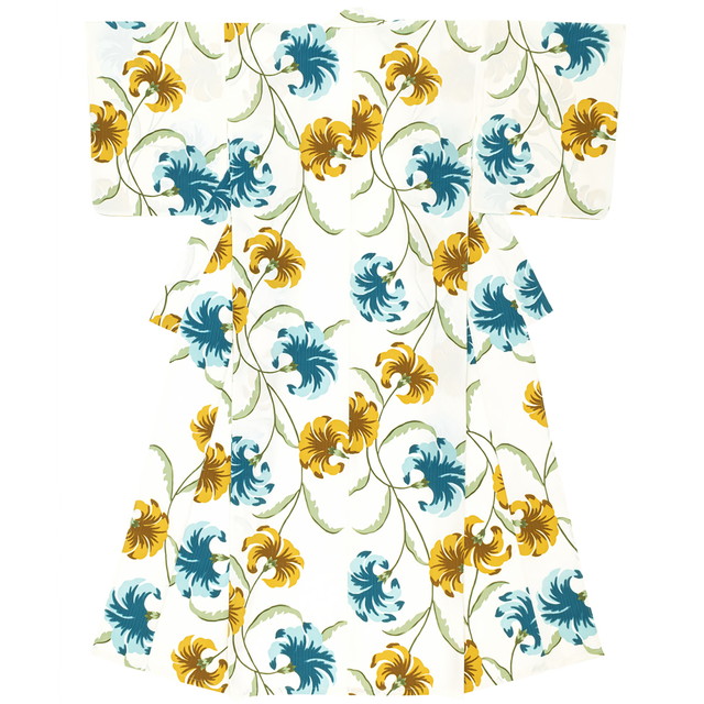 浴衣 レディース ホワイト 白系 黄色 青 花 フラワー モダン 変わり織り 夏祭り 花火大会 女性用 仕立て上がり 【Sサイズ】【フリーサイズ】【送料無料】