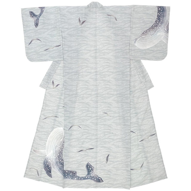 浴衣 レディース グレー 灰色系 波 クジラ 鯨 絵羽柄 綿 珍しい 個性的 夏祭り 花火大会 女性用 仕立て上がり【Mサイズ】【送料無料】
