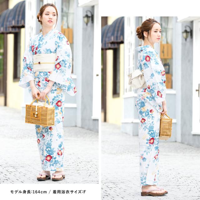 浴衣 レディース セット 浴衣セット 作り帯 大人 2024 2点セット（浴衣/帯） 白系 水色 クリーム 椿 花 紅型風 花 綿 夏 ボヌールセゾン S フリー 送料無料 浴衣セット レディース 浴衣セット 作り帯 大人 2点セット（浴衣/帯
