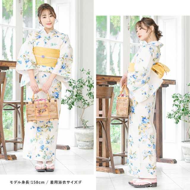 浴衣セット レディース レトロ 作り帯 浴衣セット 大人 3点セット 白系 オフホワイト 青 黄色 花 綿 変わり織 ボヌールセゾン 夏 女性用 フリー 浴衣セット レディース レトロ 作り帯 浴衣セット 大人 3点セット 白系