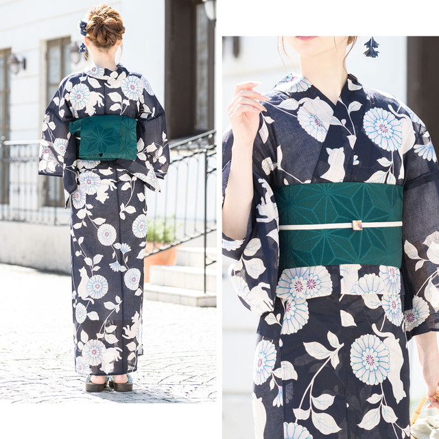 浴衣セット レディース 浴衣セット 作り帯 大人 2点セット（浴衣/帯） 濃紺色 ネイビー 深緑 菊 花 猫 レトロ 綿麻 花火大会 ボヌールセゾン フリー 浴衣セット レディース 浴衣セット 作り帯 大人 2点セット（浴衣/帯