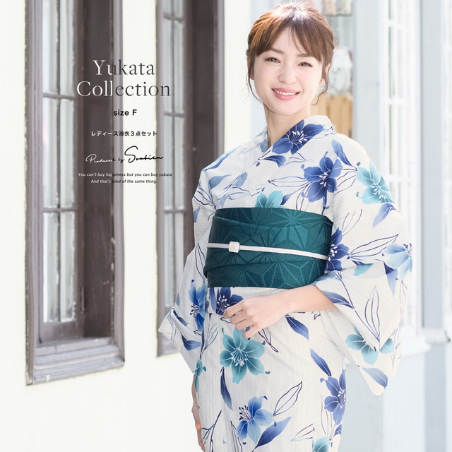 即納【レディース浴衣3点セット】浴衣セット/レディース/白/ホワイト/青/ブルー/百合/花/フラワー/30代/40代/女性/S・フリー/大人/送料無料/2020夏新作