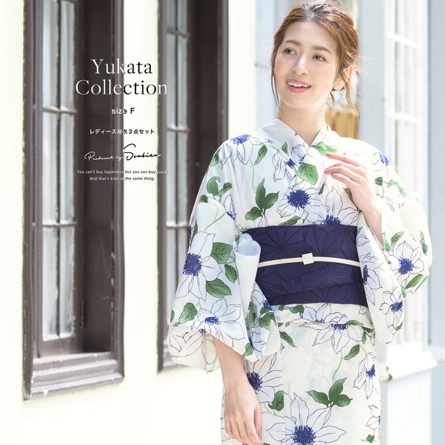 即納【レディース浴衣3点セット】浴衣セット/レディース/ホワイト/白/クレマチス/花/フラワー/変わり織り/30代/40代/女性/S・フリー/大人/送料無料/2020夏新作