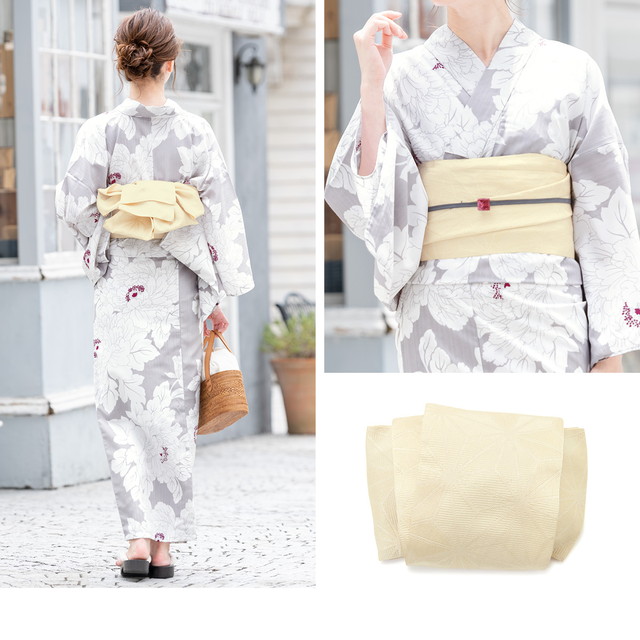 即納【レディース浴衣3点セット】白/灰色系/牡丹/大柄/変わり織り/30代