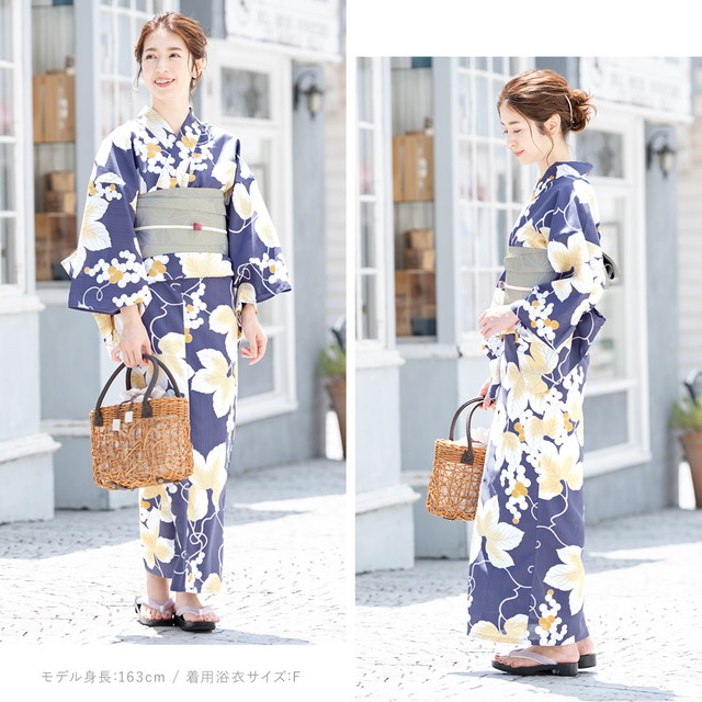 即納【レディース浴衣3点セット】紫/薄橙/葡萄唐草/変わり織り/30代/40