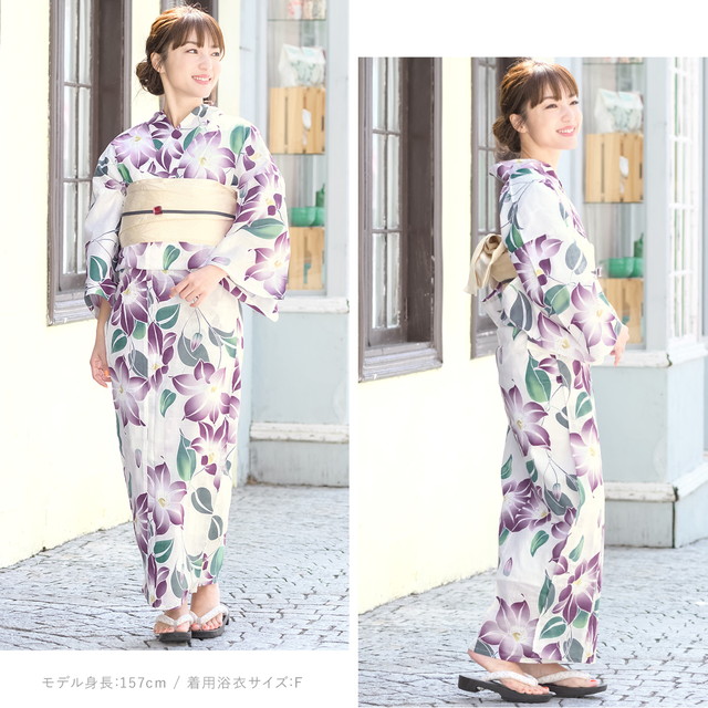 即納【レディース浴衣3点セット】浴衣セット/レディース/白系/パープル/紫/クレマチス/花/綿/30代/40代/女性/フリー/大人/2020夏新作 即納【レディース浴衣3点セット】浴衣セット/レディース/白系/パープル