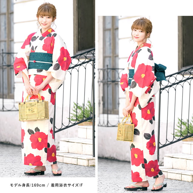 浴衣セット レディース レトロ 浴衣セット 大人 3点セット ホワイト 白 レッド 赤 椿 ツバキ 花 フラワー モダン 変わり織り 夏祭り 花火大会 女性用 S・フリー 浴衣セット レディース レトロ 浴衣セット 大人 3点セット ホワイト 白