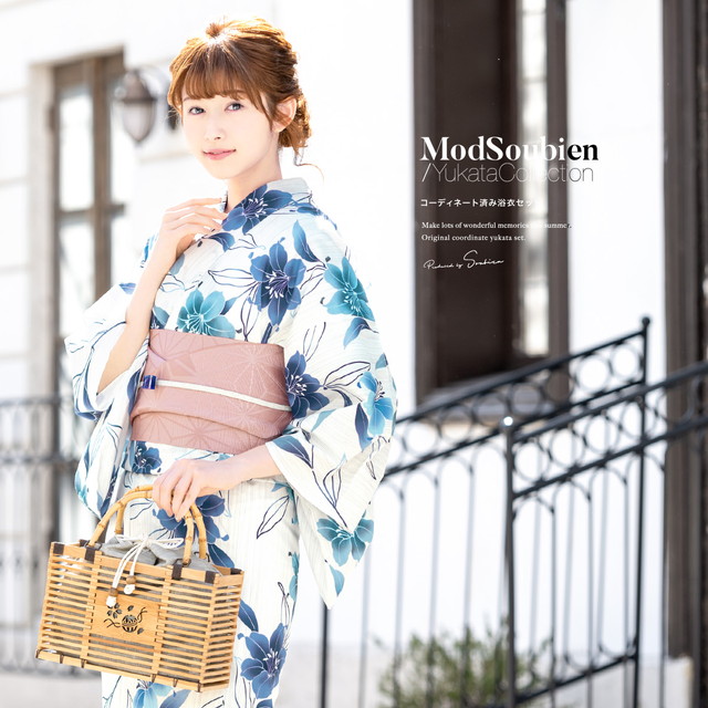 浴衣セット レディース レトロ 浴衣セット 大人 3点セット 白 ホワイト 青 ブルー 百合 花 フラワー 吸水速乾 CoolPass 夏祭り 花火大会 女性用 S・フリー