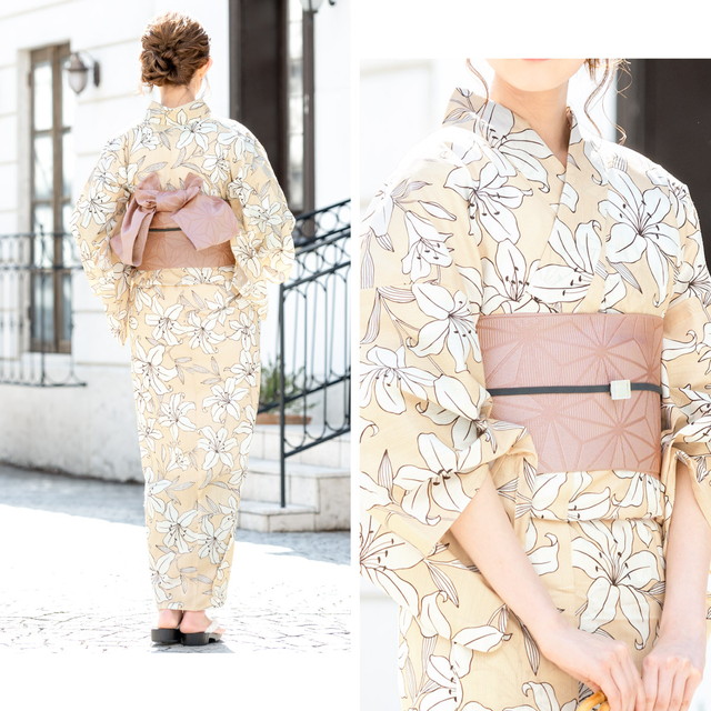 浴衣セット レディース レトロ 浴衣セット 大人 3点セット クリーム 薄黄色系 ホワイト 白 百合 ユリ 花 フラワー 綿 夏祭り 花火大会 女性用 S・フリー 浴衣セット レディース レトロ 浴衣セット 大人 3点セット クリーム 薄