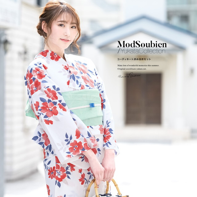 浴衣セット レディース レトロ 浴衣セット 大人 3点セット ホワイト 白 レッド 赤 椿 ツバキ 花 フラワー モダン 変わり織り 夏祭り 花火大会 女性用 S・フリー