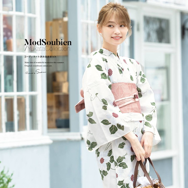 浴衣セット レディース 浴衣セット 大人 3点セット ホワイト 白 グリーン 緑 ピンク クレマチス モダン 変わり織り 夏祭り 花火大会 女性用 S・フリー