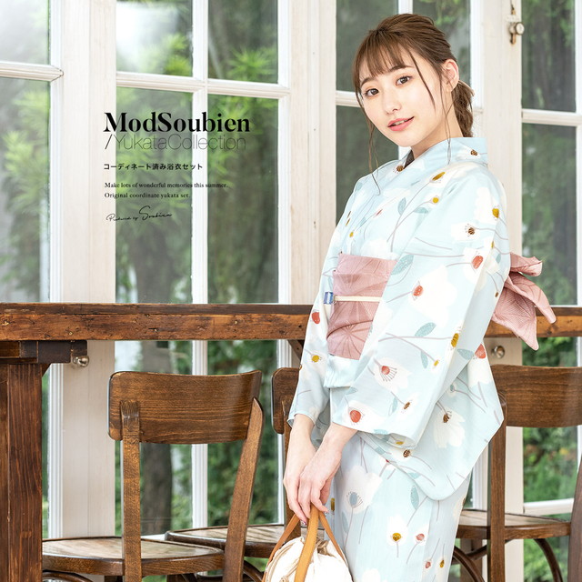 浴衣セット レディース 浴衣セット 大人 3点セット ブルー 水色 ピンク 花 フラワー 可憐 変わり織り 夏祭り 花火大会 女性用 S・フリー