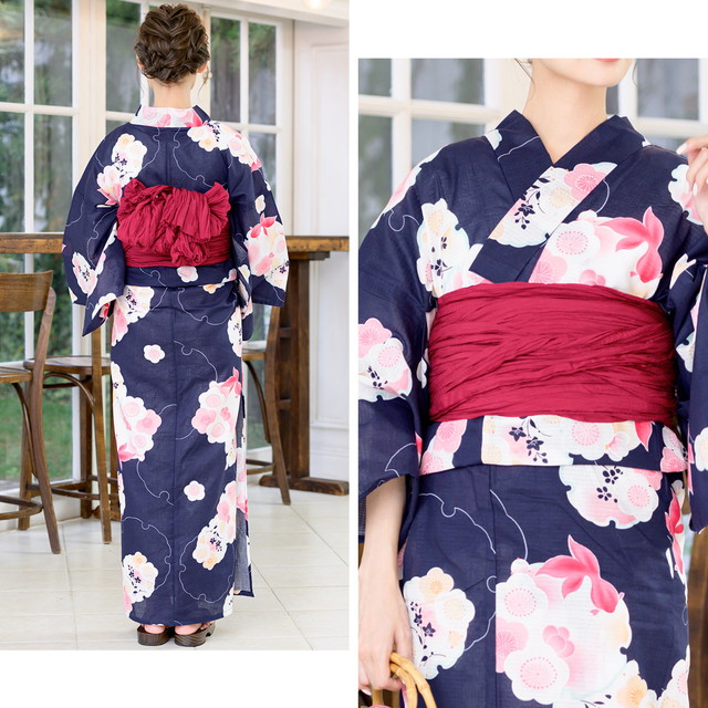 浴衣セット レディース 浴衣セット 兵児帯 大人 2点セット（浴衣/帯） 濃紺色 ネイビー 白 ピンク 赤 雪輪 梅 花 金魚 綿 紅梅織り 夏 花火大会 ボヌールセゾン フリー 浴衣セット レディース 浴衣セット 兵児帯 大人 2点セット（浴衣/帯