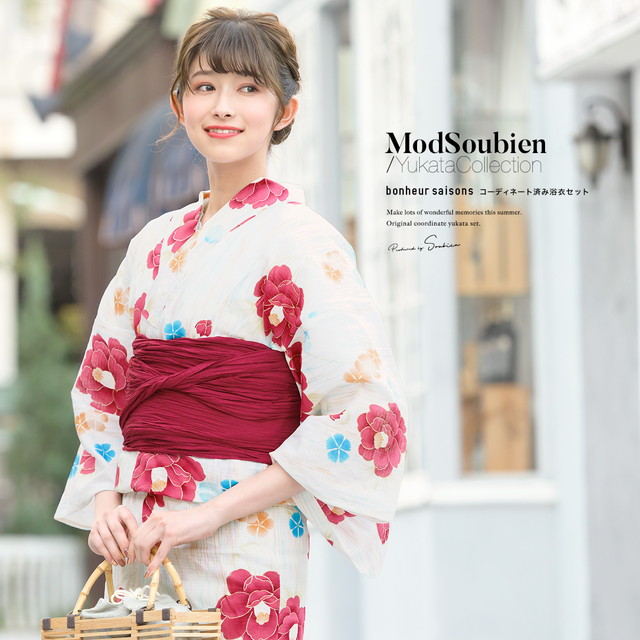 浴衣セット レディース 浴衣セット 兵児帯 大人 2点セット（浴衣/帯） アイボリー カラフル 青 赤 椿 花 桜草 雨縞 ラメ 綿 夏 花火大会 ボヌールセゾン フリー