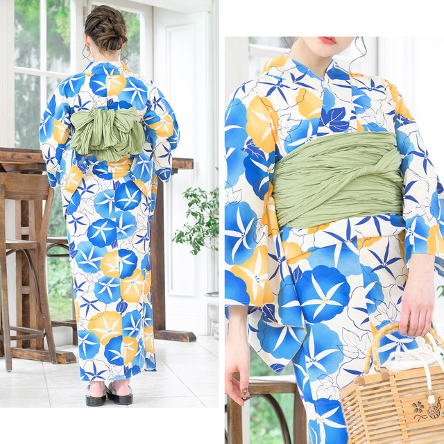レディース　浴衣　セット　身丈160cm　ブルー　ストライプ　朝顔　兵児帯 soubien_ynset-z3-brand1001ok