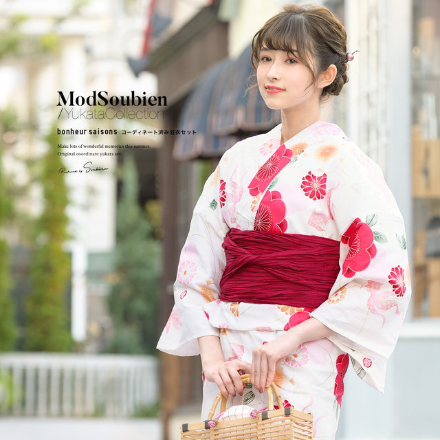 浴衣セット レディース 浴衣セット 兵児帯 大人 2点セット（浴衣/帯） 薄黄色 クリーム ピンク 赤 桜 菊 金魚 ラメ 綿 夏 花火大会 ボヌールセゾン S フリーの通販は