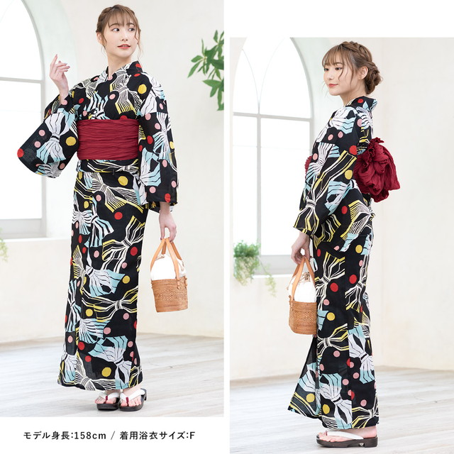 浴衣セット レディース 浴衣セット 兵児帯 大人 2点セット（浴衣/帯） 黒 ブラック 赤 リボン りぼん 水玉 綿 夏 花火大会 玉城ティナ×キスミス フリー 浴衣セット レディース 浴衣セット 兵児帯 大人 2点セット（浴衣/帯