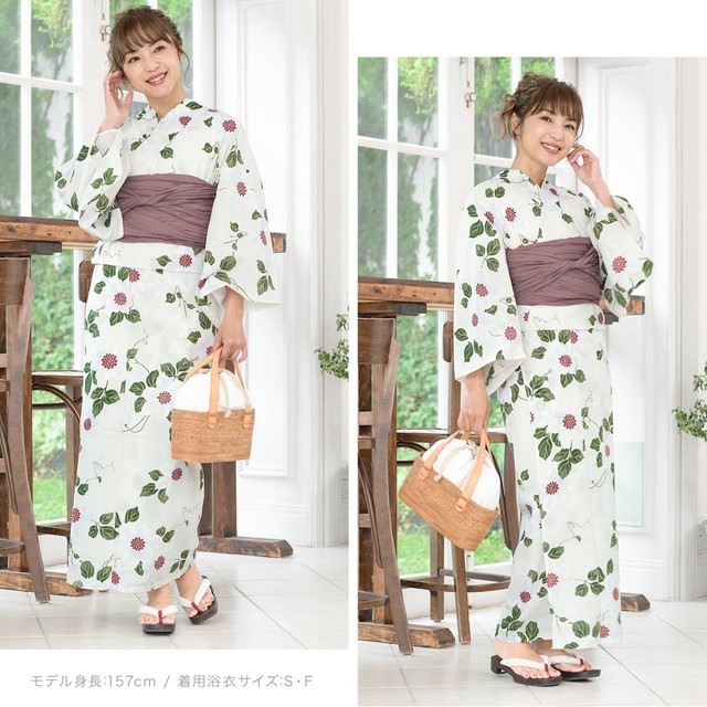 即納【レディース浴衣3点セット】白/緑/クレマチス/変わり織り/30代/40代/女性/大人/S・フリー/送料無料 即納【レディース浴衣3点セット】白/緑/クレマチス/変わり織り/30代/40