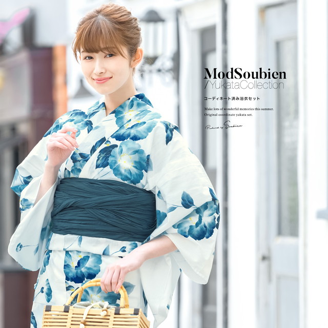 浴衣セット レディース レトロ 浴衣セット 大人 3点セット ホワイト 白系 ネイビー 藍 青系 ポピー 花 フラワー 綿 夏祭り 花火大会 女性用 S・フリー