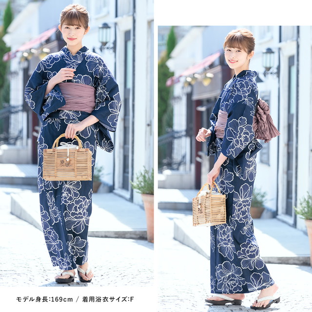 ラスト1点大人気 ◇浴衣・帯セットネイビー紺 洗える浴衣/芍薬花柄浴衣/大人浴衣 浴衣セット レディース レトロ 浴衣セット 大人 3点セット