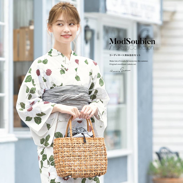 浴衣セット レディース 浴衣セット 大人 3点セット ホワイト 白 緑 グレー クレマチス モダン 変わり織り 女性 夏 S・フリー
