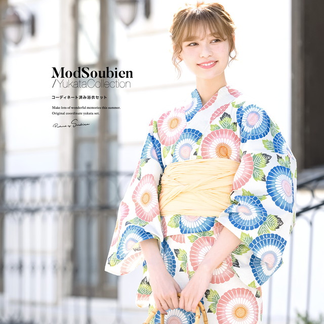 浴衣セット レディース レトロ 浴衣セット 大人 3点セット ホワイト 白 ブルー 青 ピンク 菊 キク 花 レトロモダン 綿 変わり織り 夏祭り 花火大会 女性用 S・フリー