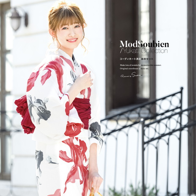 浴衣セット レディース レトロ 浴衣セット 大人 3点セット ホワイト 白 レッド 赤 グレー 灰色 金魚 キンギョ モダン 吸水速乾 CoolPass 変わり織り 夏祭り 花火大会 女性用 S・フリー