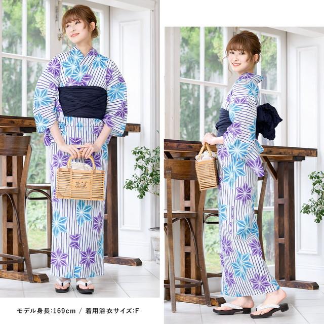 浴衣セット レディース レトロ 浴衣セット 大人 3点セット ホワイト 白 ブルー 青 パープル 紫 麻の葉 縞 ストライプ 綿 夏祭り 花火大会 女性用 フリーサイズ_1