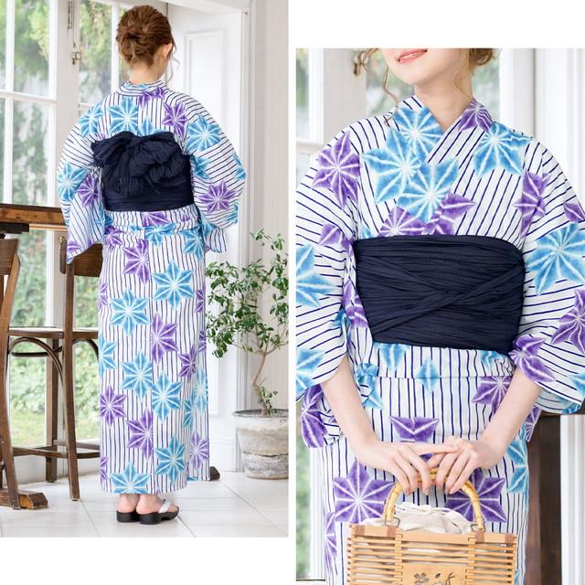 浴衣セット レディース レトロ 浴衣セット 大人 3点セット ホワイト 白 ブルー 青 パープル 紫 麻の葉 縞 ストライプ 綿 夏祭り 花火大会 女性用 フリーサイズ_2