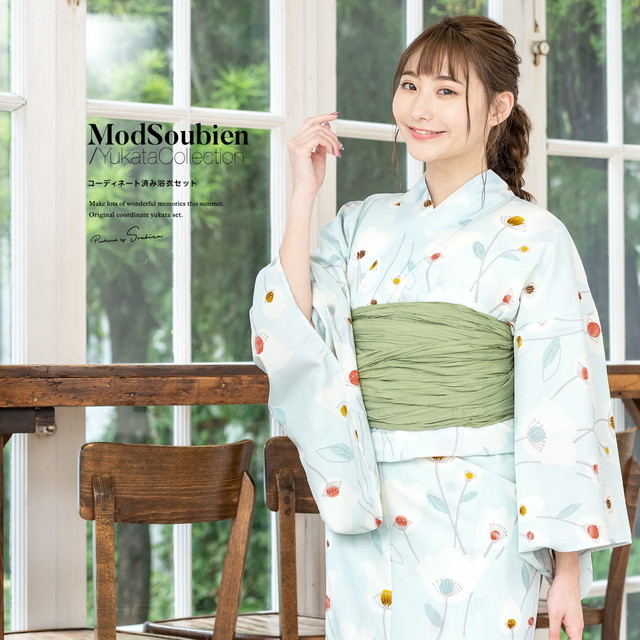 浴衣セット レディース 浴衣セット 大人 3点セット 水色 花 フラワー 可憐 変わり織り 女性 夏 S・フリー