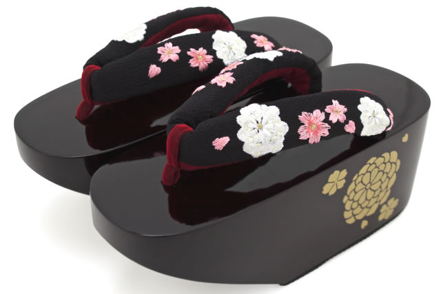 ぽっくり 下駄 黒 ブラック 白 桜 さくら 丸菊 花 刺繍 こっぽり ごっぽり 舞妓さん風 花魁風 振袖 成人式 卒業式の通販は 9,990円
