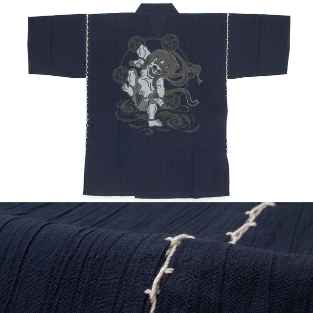 甚平 メンズ おしゃれ 父の日 紺 ネイビー 雷神 綿麻 楊柳 ようりゅう