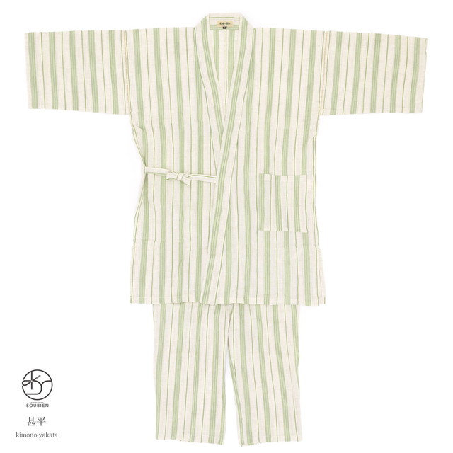 甚平 メンズ おしゃれ 父の日 緑 グリーン 白 ホワイト 縞 ストライプ 麻混紡 しじら織り 手タコ糸仕立て 夏祭り 花火大会 男性用 カジュアル M L LL