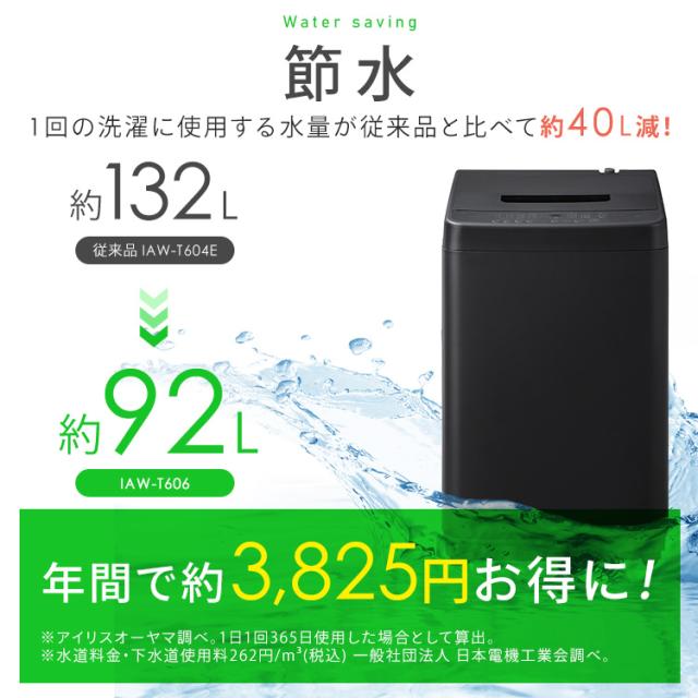 洗濯機 6kg 縦型 一人暮らし 全自動洗濯機 縦型洗濯機 節水 時短 コンパクト 部屋干し ブラック ホワイト 黒 白 新品 ガチ落ち大水流洗浄 アイリスオーヤマ IAW-T606 安心延長保証対象_3
